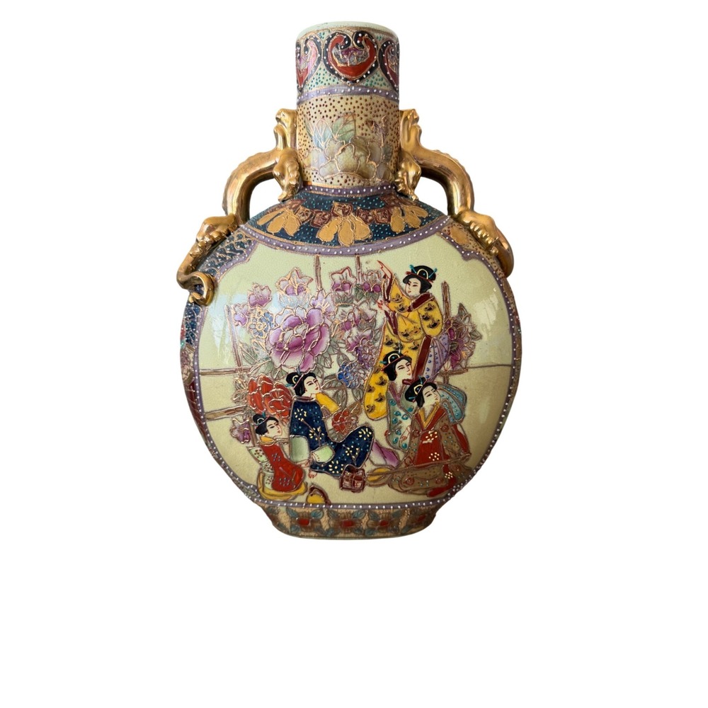 Royal Satsuma Hand Painted Moon Flask Vase‎ Gold Lizard Handles Geisha 10 inch
